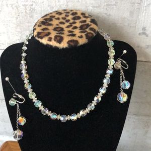 Faceted Aurora Borealis Crystal Choker / 2 tier dangle earrings and bracelet